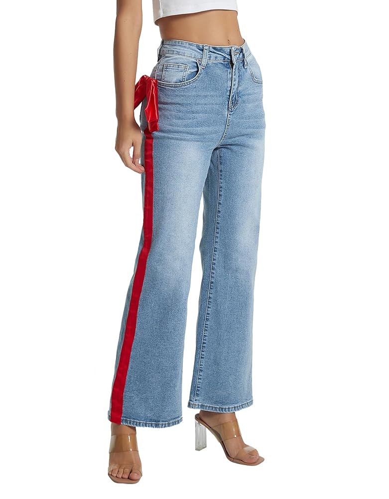 Kedera Womens Side Stripe Wide Leg Jeans Bow Ribbon Flared